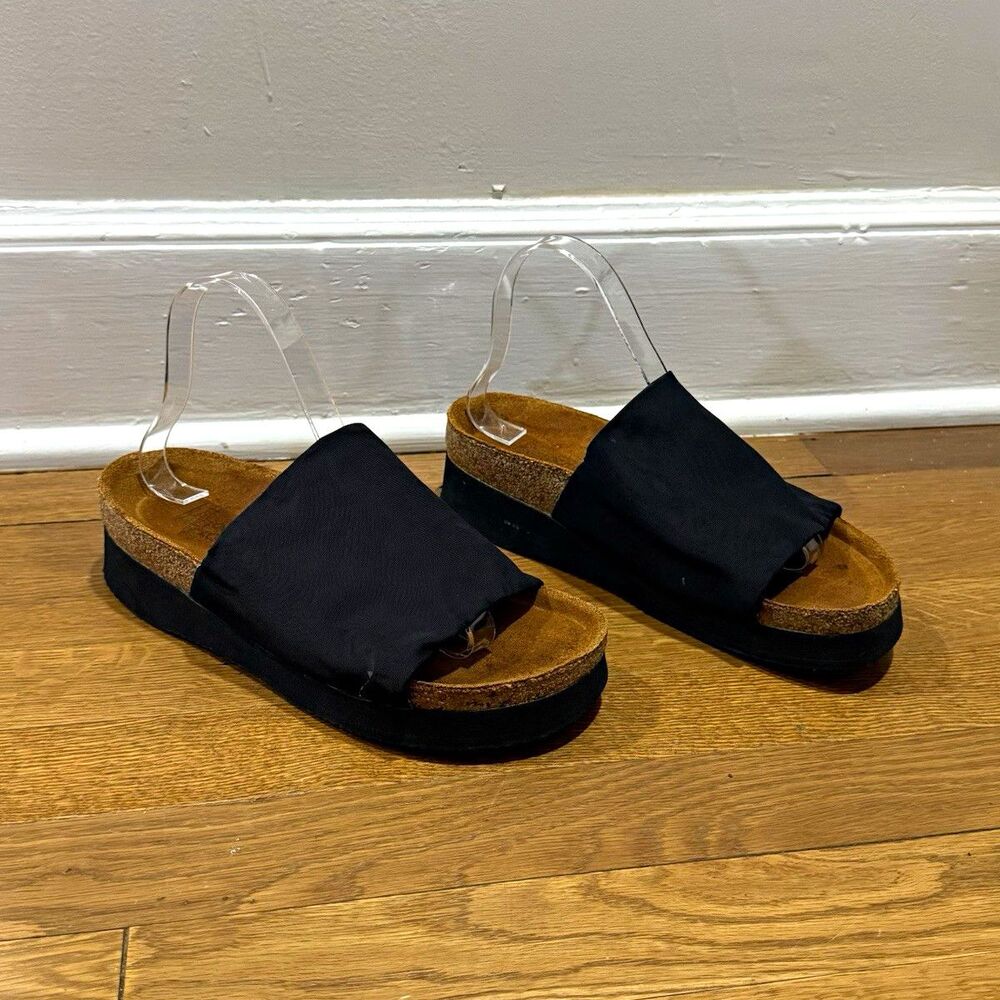 Naot Alana Black Slip-On Slide Sandals Wedge Stretch Cork Footbed Open Toe